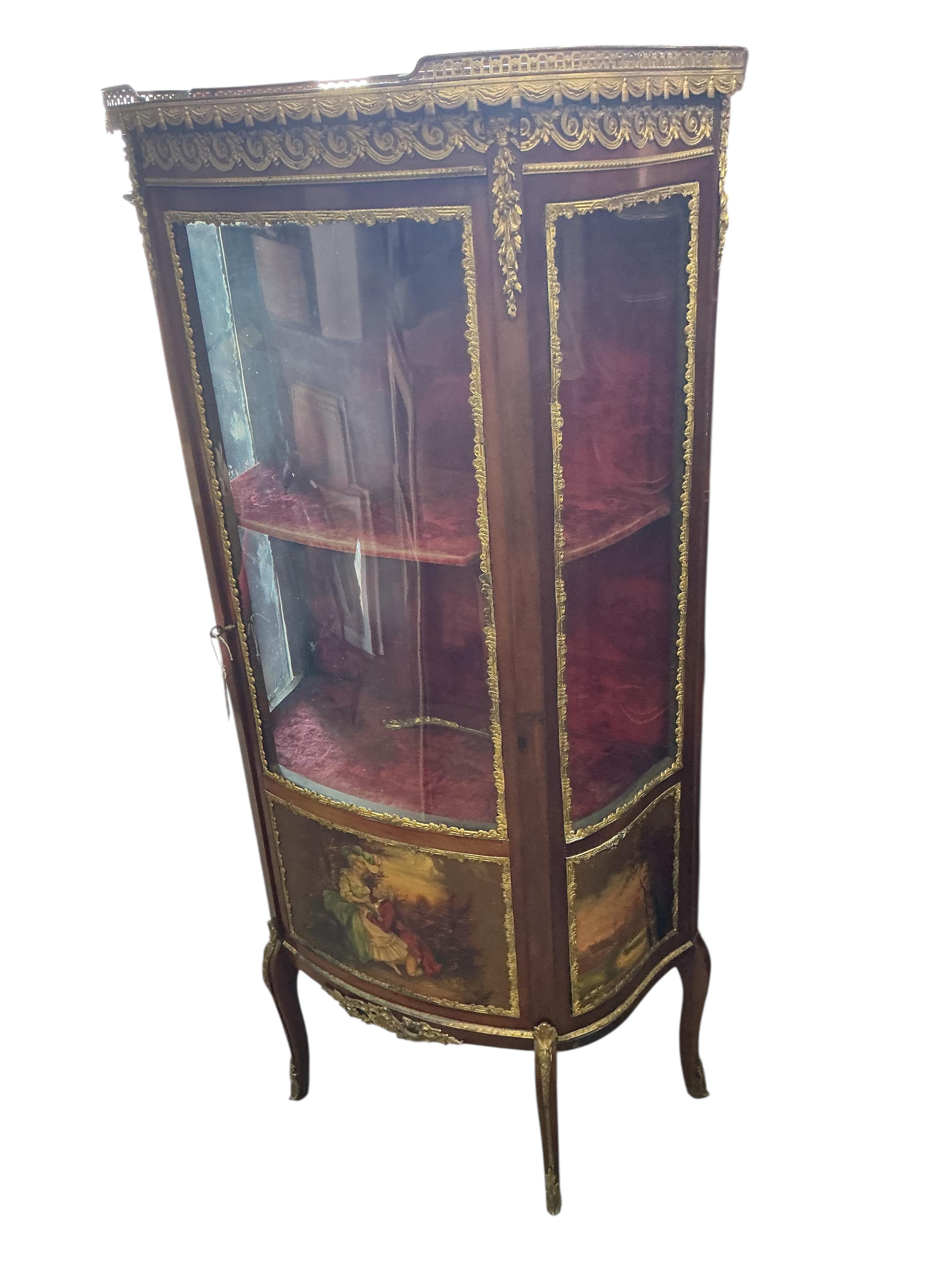 A Vernis Martin style gilt metal mounted mahogany marble top vitrine, width 68cm, depth 34cm, height 140cm